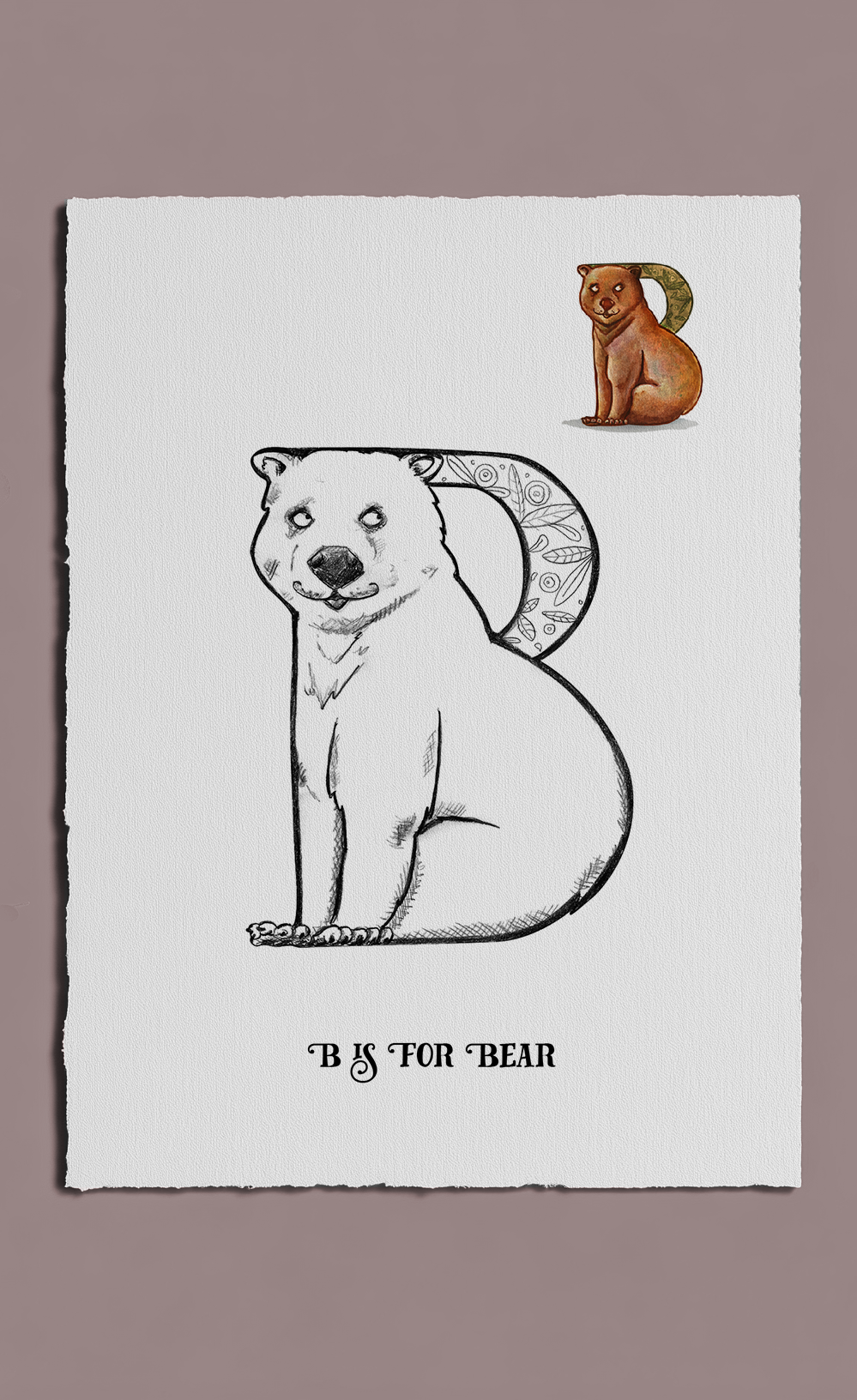 Illustration of a polar bear with a decorative 'B' on a beige background