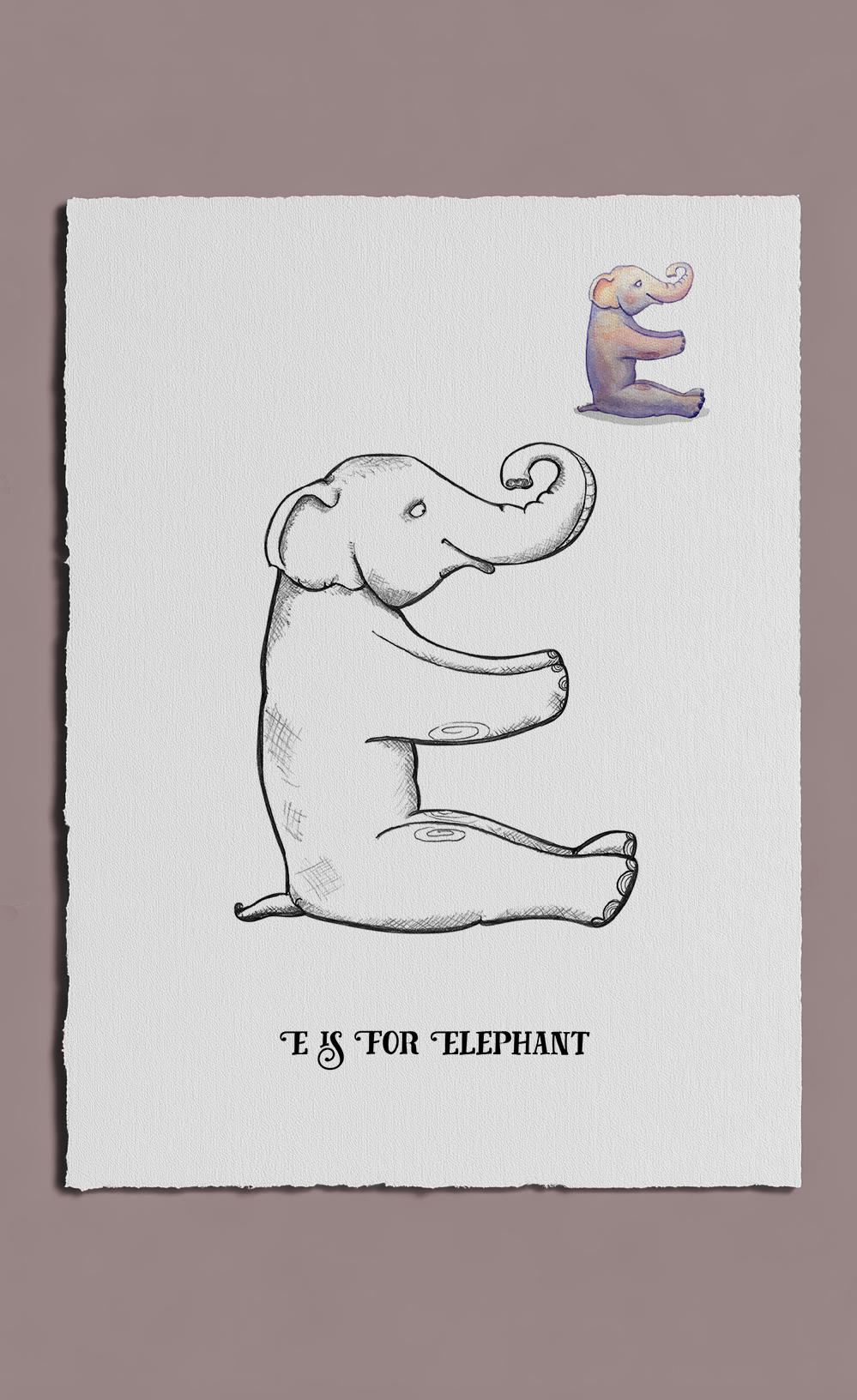 Letter 'E' shaped like an elephant on a white card with a purple border.