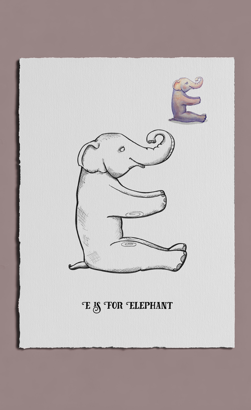 Letter 'E' shaped like an elephant on a white card with a purple border.