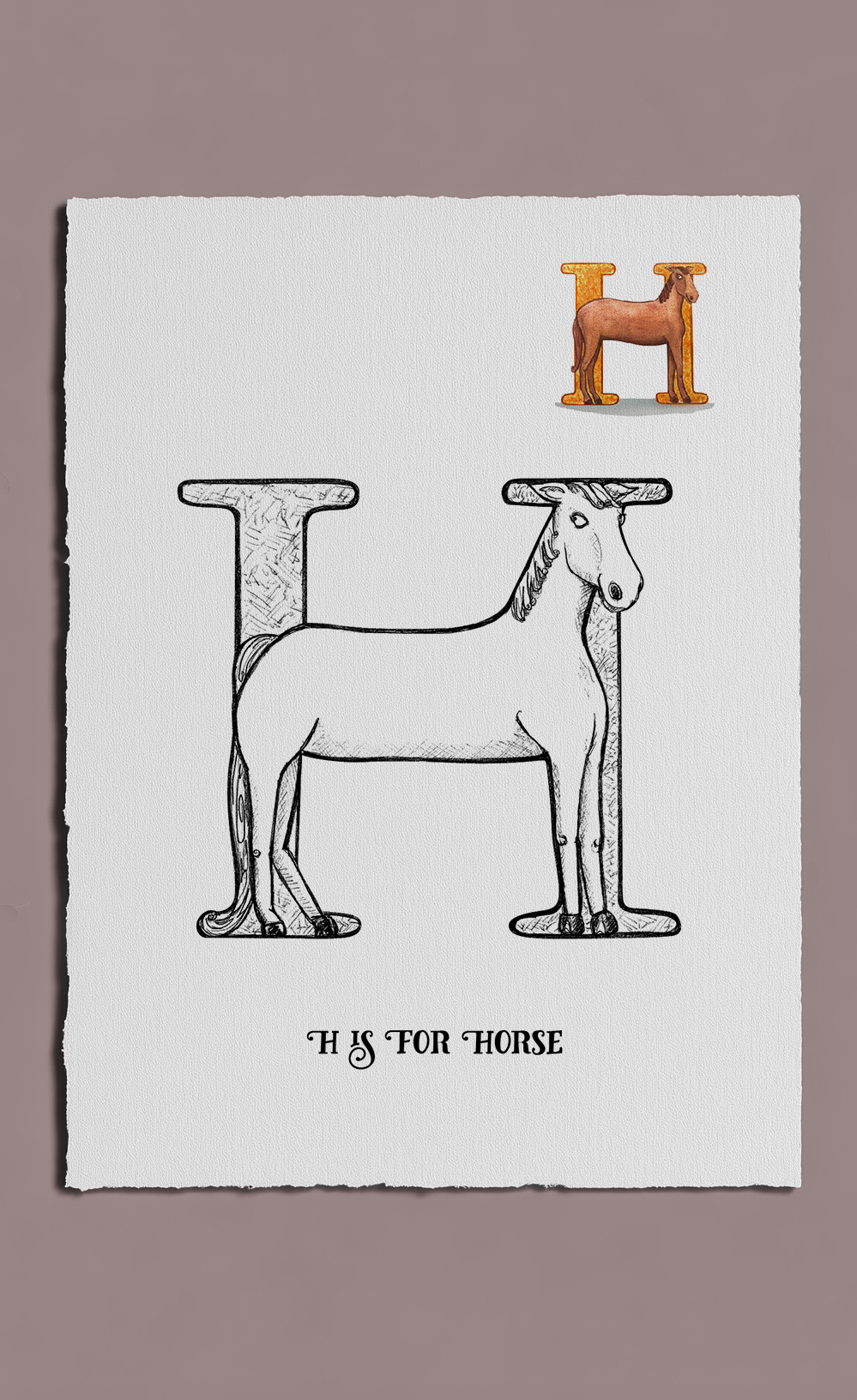 Letter 'H' shaped like a horse on a white background with a brown border