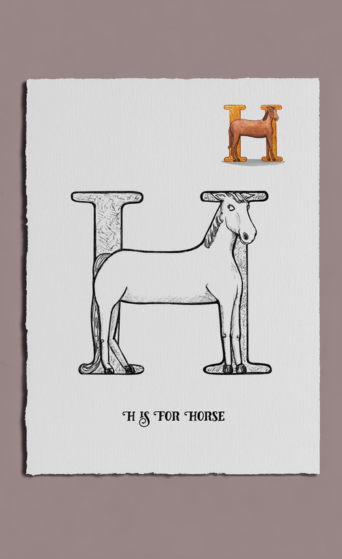 Letter 'H' shaped like a horse on a white background with a brown border
