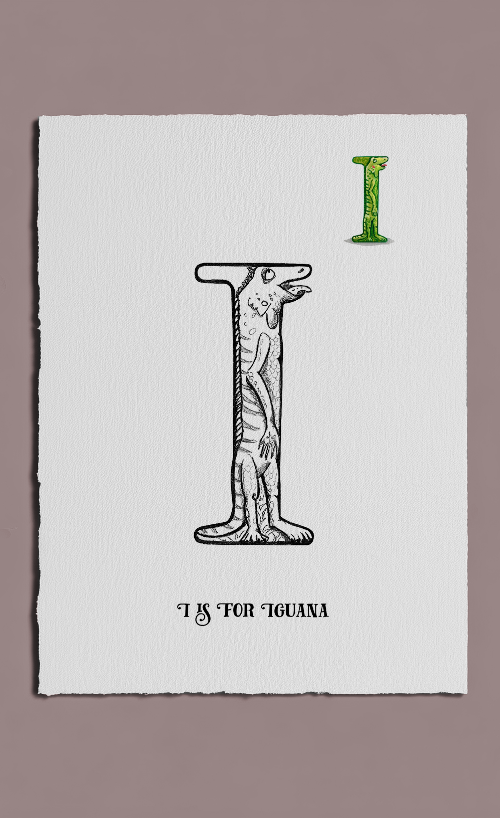 Letter 'I' with an illustration of an iguana on a white card against a gray background