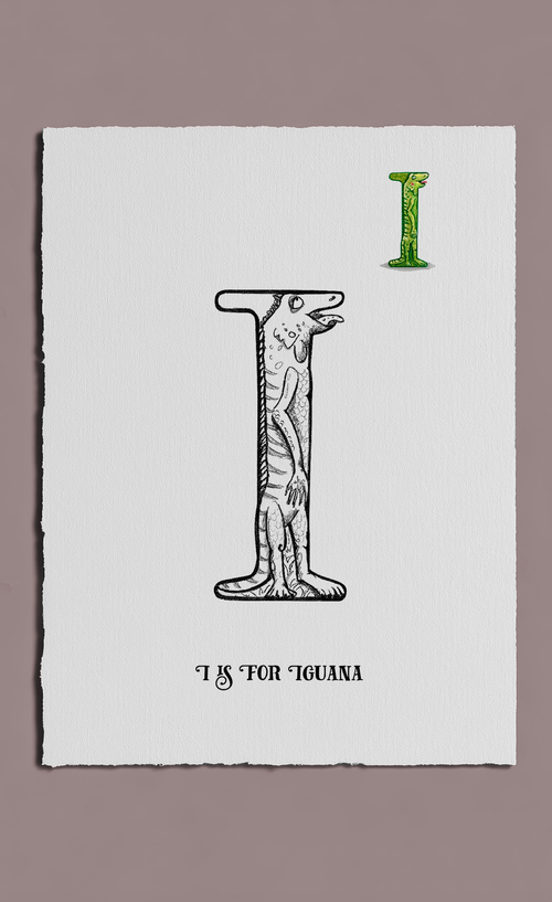 Letter 'I' with an illustration of an iguana on a white card against a gray background