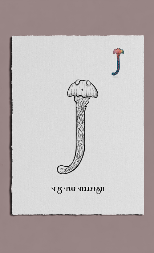Illustration of a jellyfish with the letter 'J' above it on a white background.