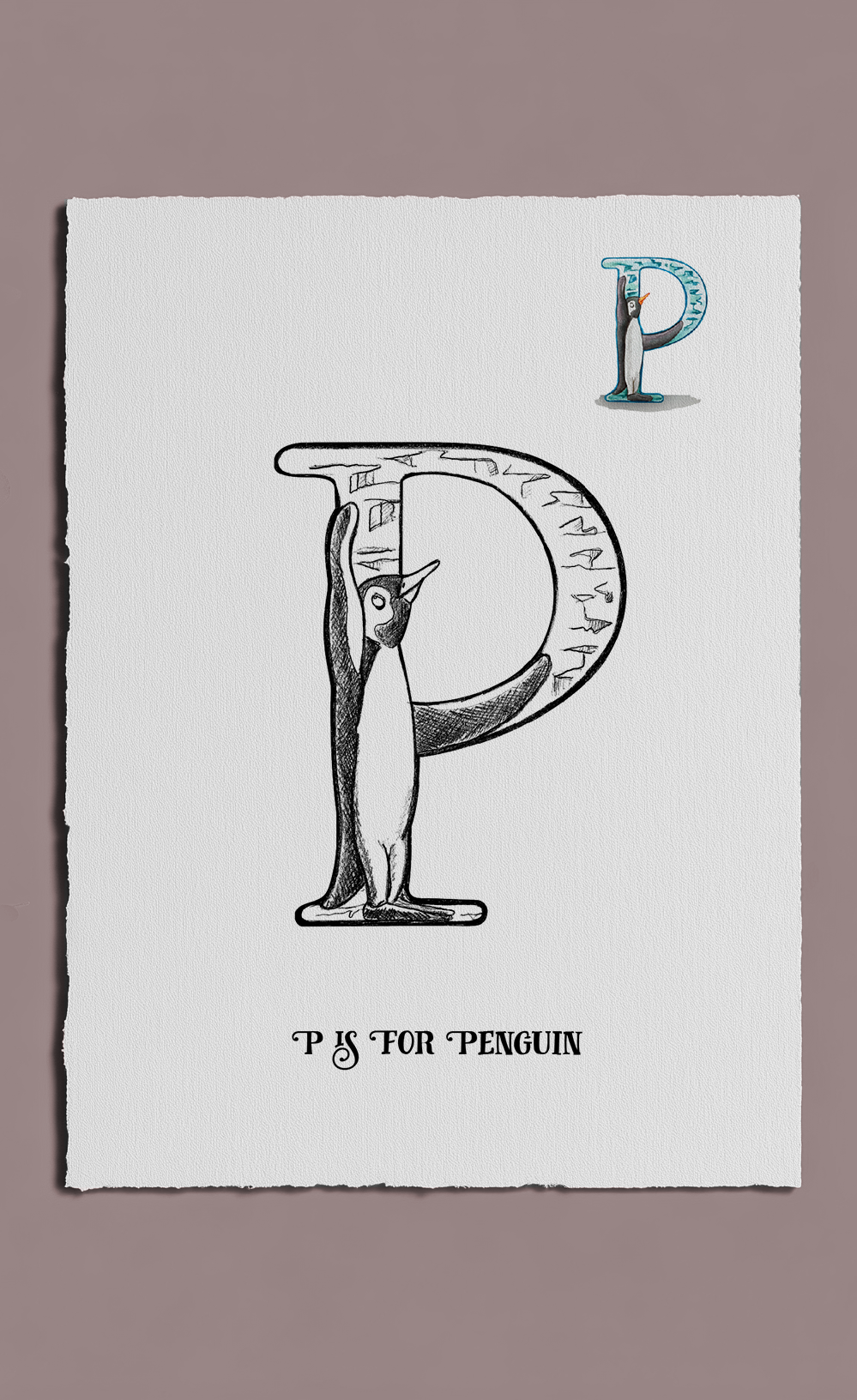 Letter 'P' with a penguin illustration on a white background