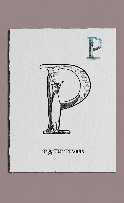 Letter 'P' with a penguin illustration on a white background