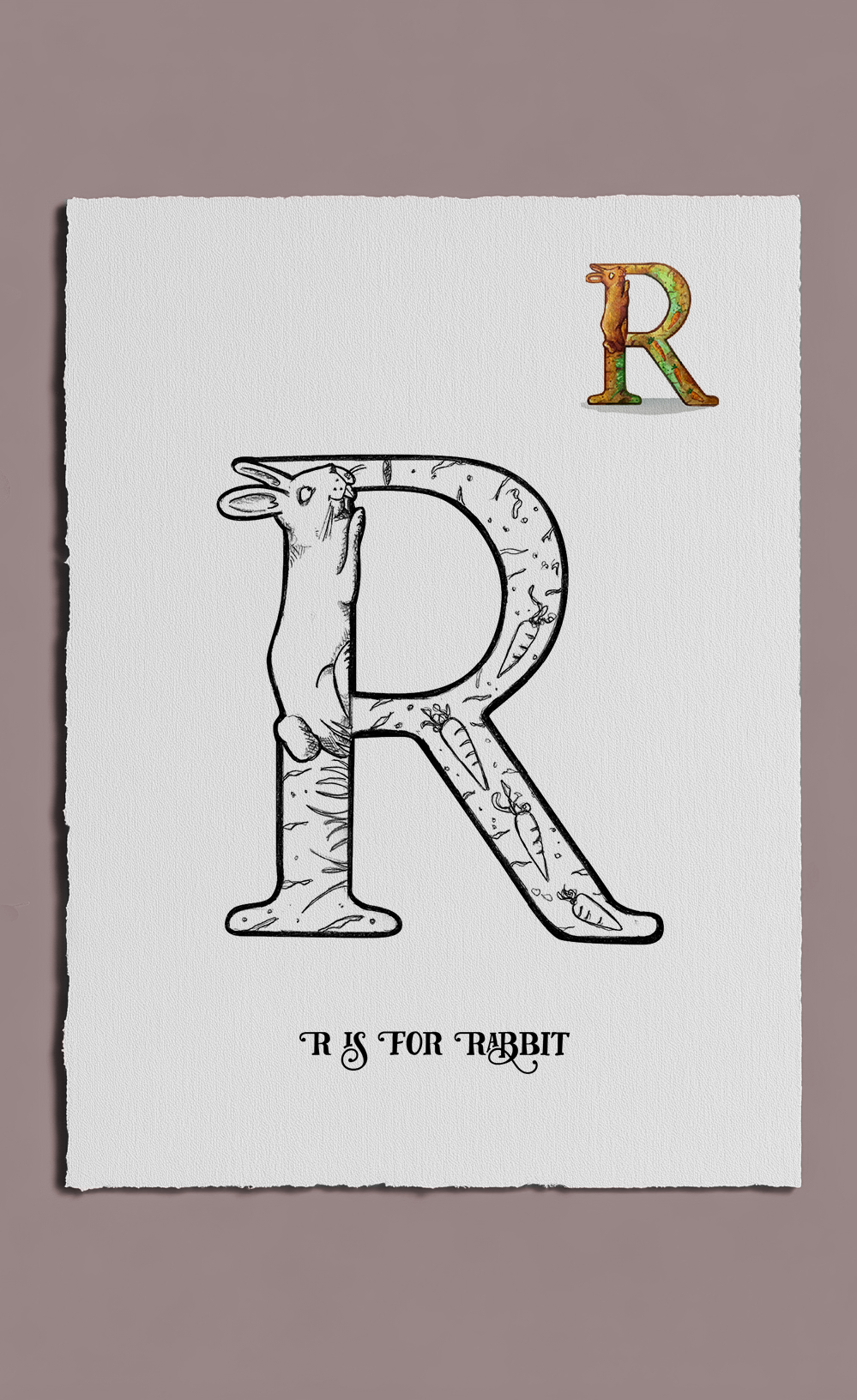 Letter 'R' with a rabbit design on a white background