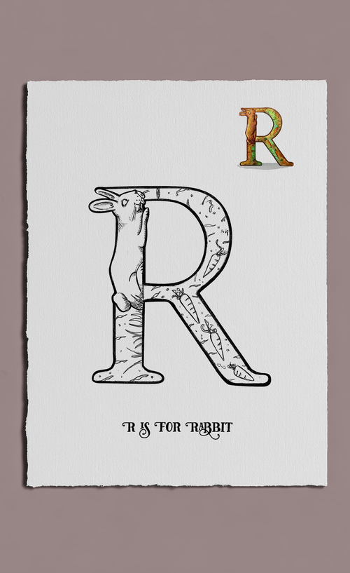 Letter 'R' with a rabbit design on a white background