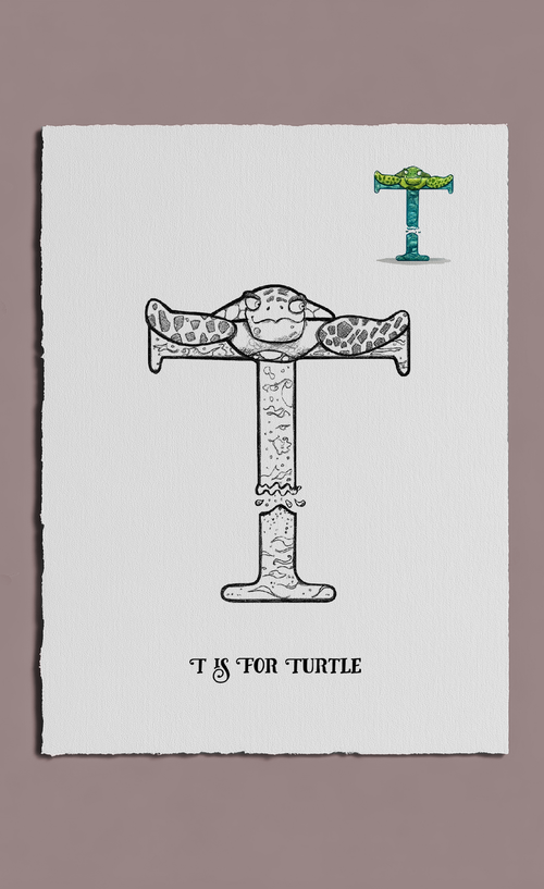 Letter 'T' with turtle design on a white card against a gray background