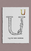 Letter 'U' with a cat illustration and text on a white background