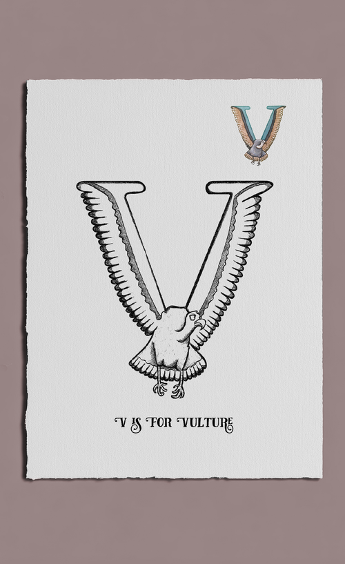 Letter 'V' with a vulture illustration on a white background