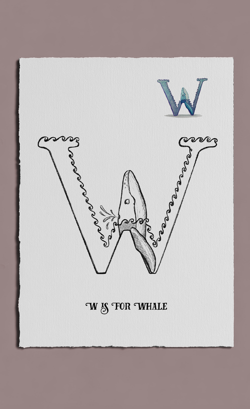 Letter 'W' with whale illustration and text on a white background