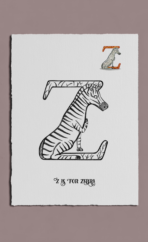 Letter Z with zebra illustration on a white background