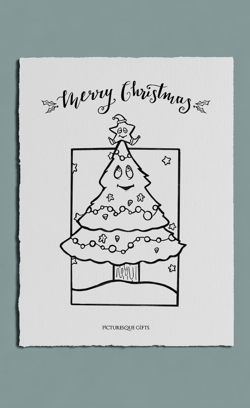 Black and white Christmas tree illustration with 'Merry Christmas' text on a light gray background