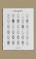 Sheet of Easter egg designs with text on a beige background