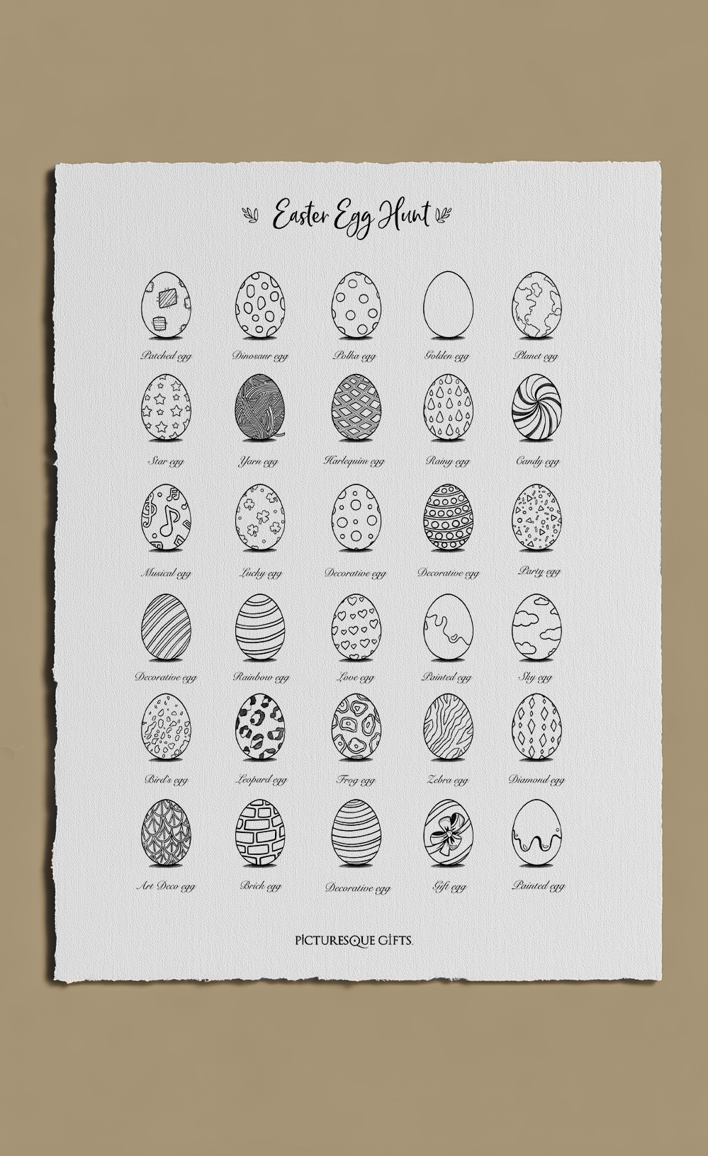 Sheet of Easter egg designs with text on a beige background