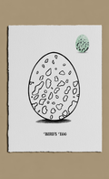 Illustration of a bird's egg on a white background with a brown border