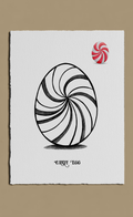 Illustration of a black and white candy swirl with 'Candy Egg' text on a beige background