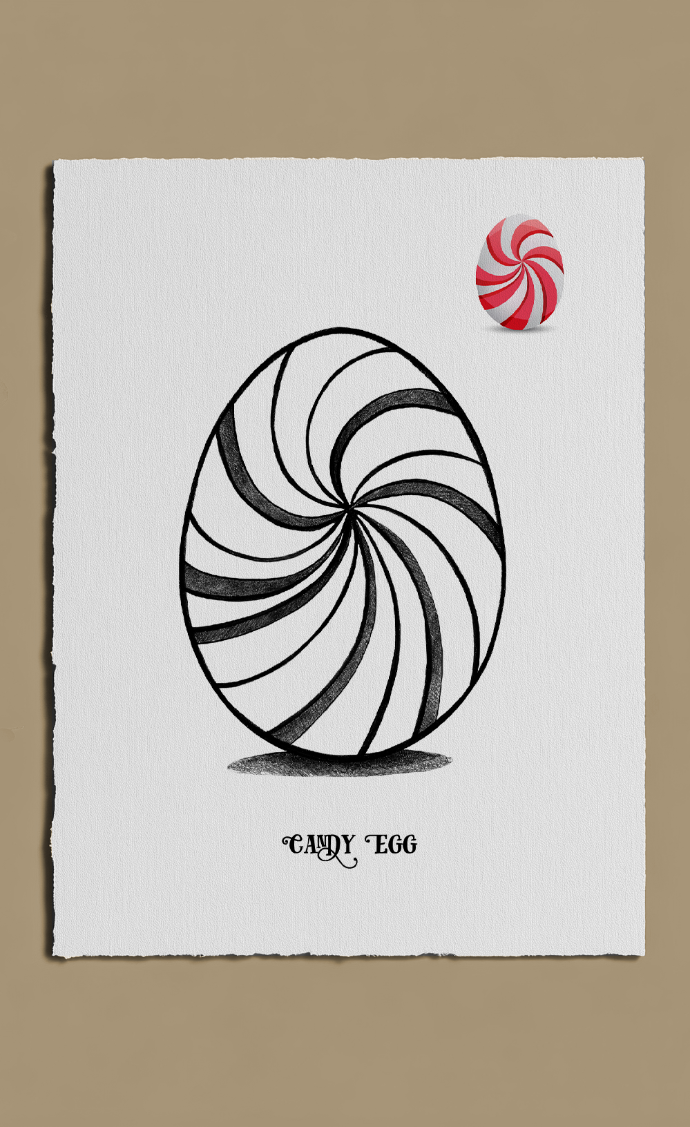 Illustration of a black and white candy swirl with 'Candy Egg' text on a beige background