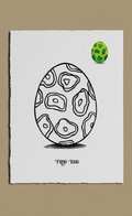 Illustration of a frog egg with a green spotted egg on a beige background