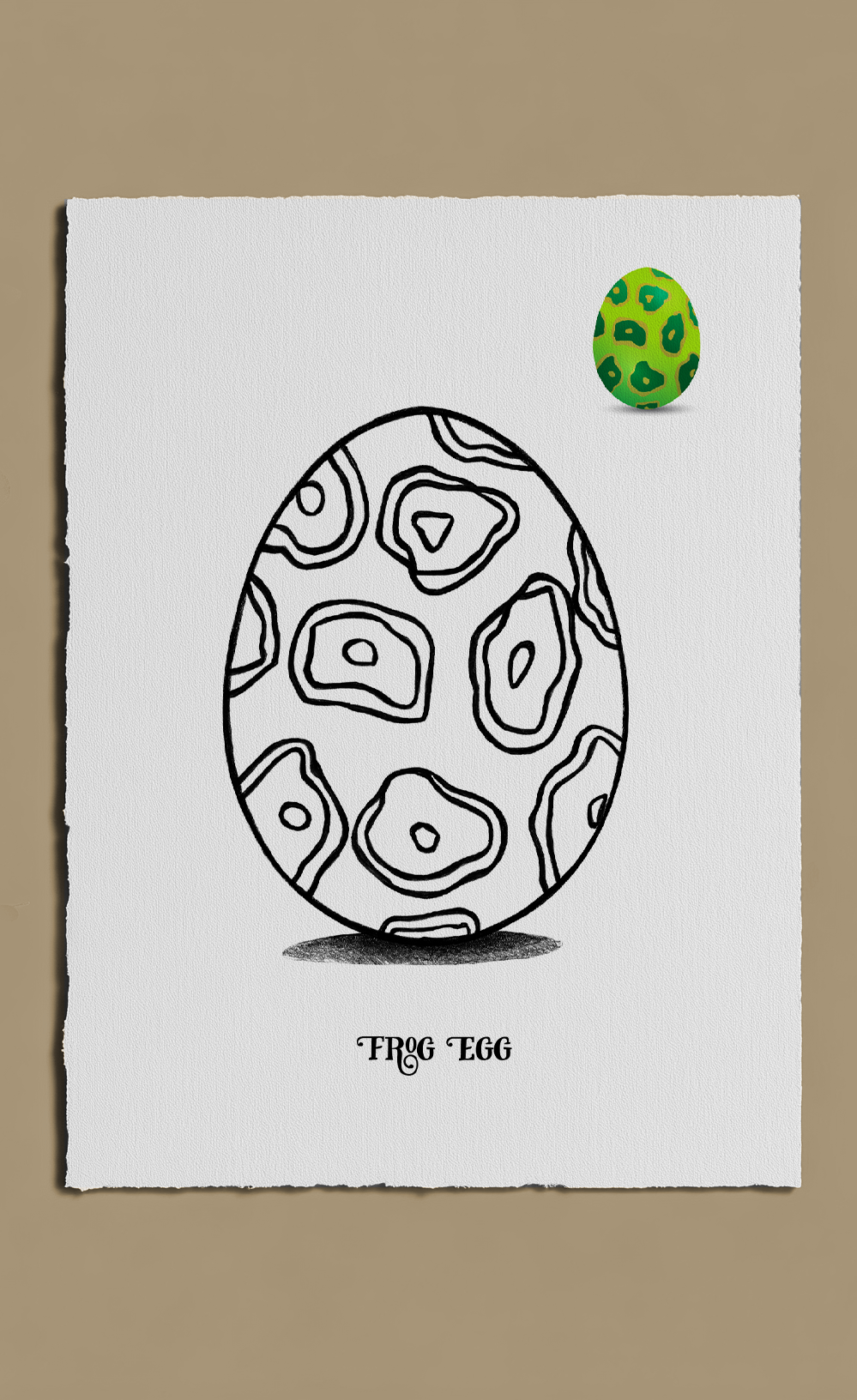 Illustration of a frog egg with a green spotted egg on a beige background