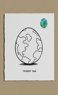 Illustration of a planet inside an egg with a smaller illustration of Earth on a beige background.