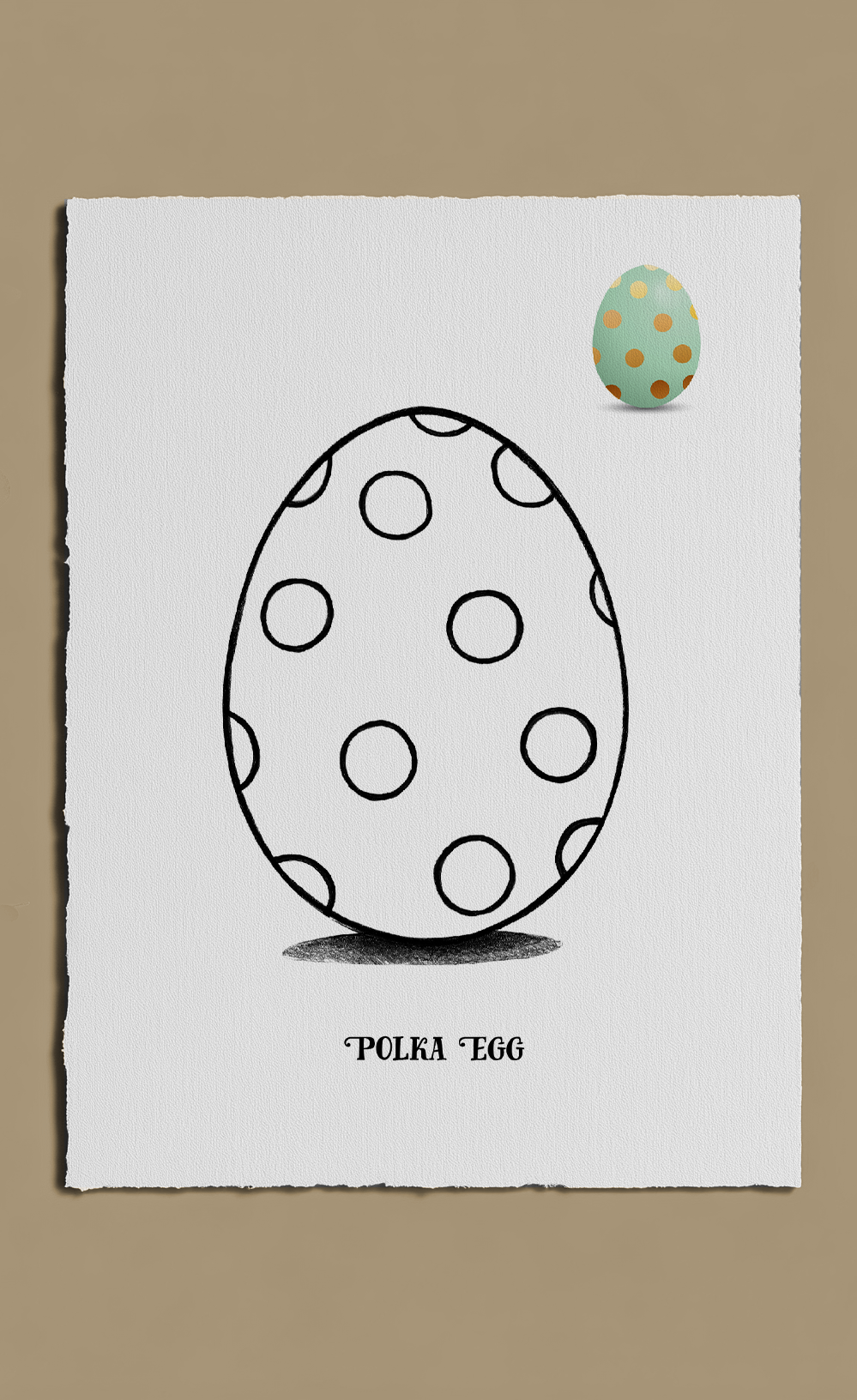Polka dot Easter egg illustration on a white background with a beige border