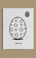 White paper with a black outline of a star-patterned egg and a blue egg with star pattern on a beige background