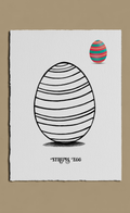 Illustration of a striped egg on a white background with a brown border