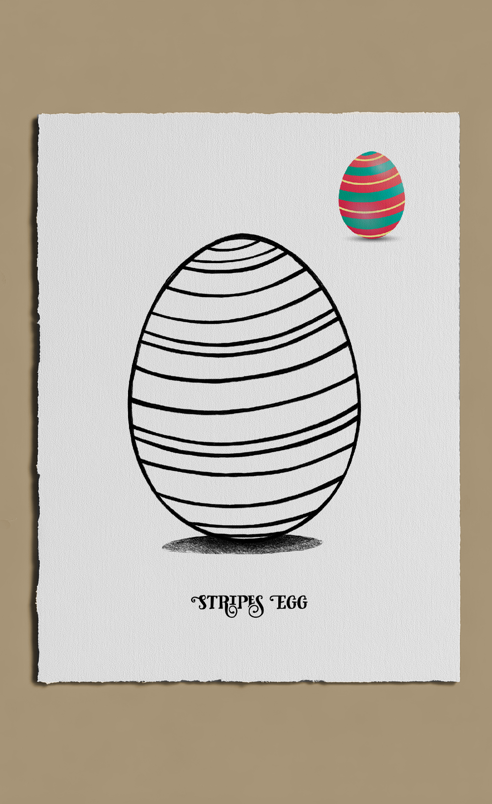 Illustration of a striped egg on a white background with a brown border