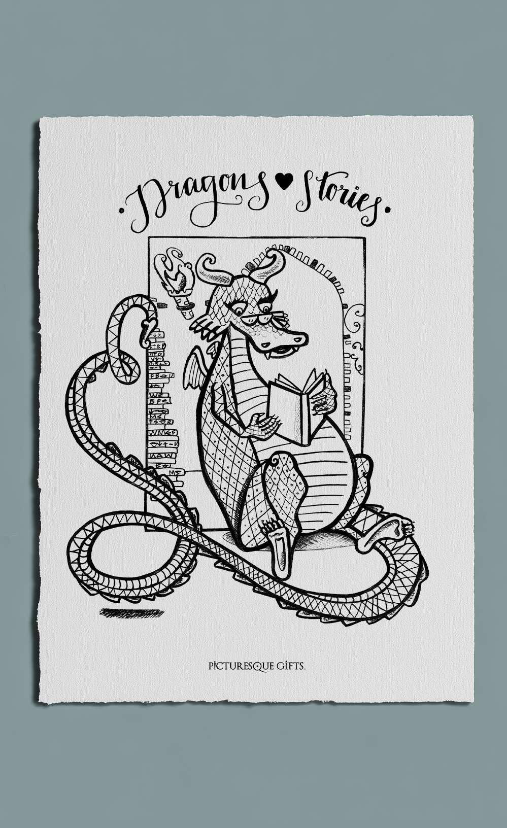 Illustration of a dragon reading a book with 'Dragon's Stories' text on a gray background