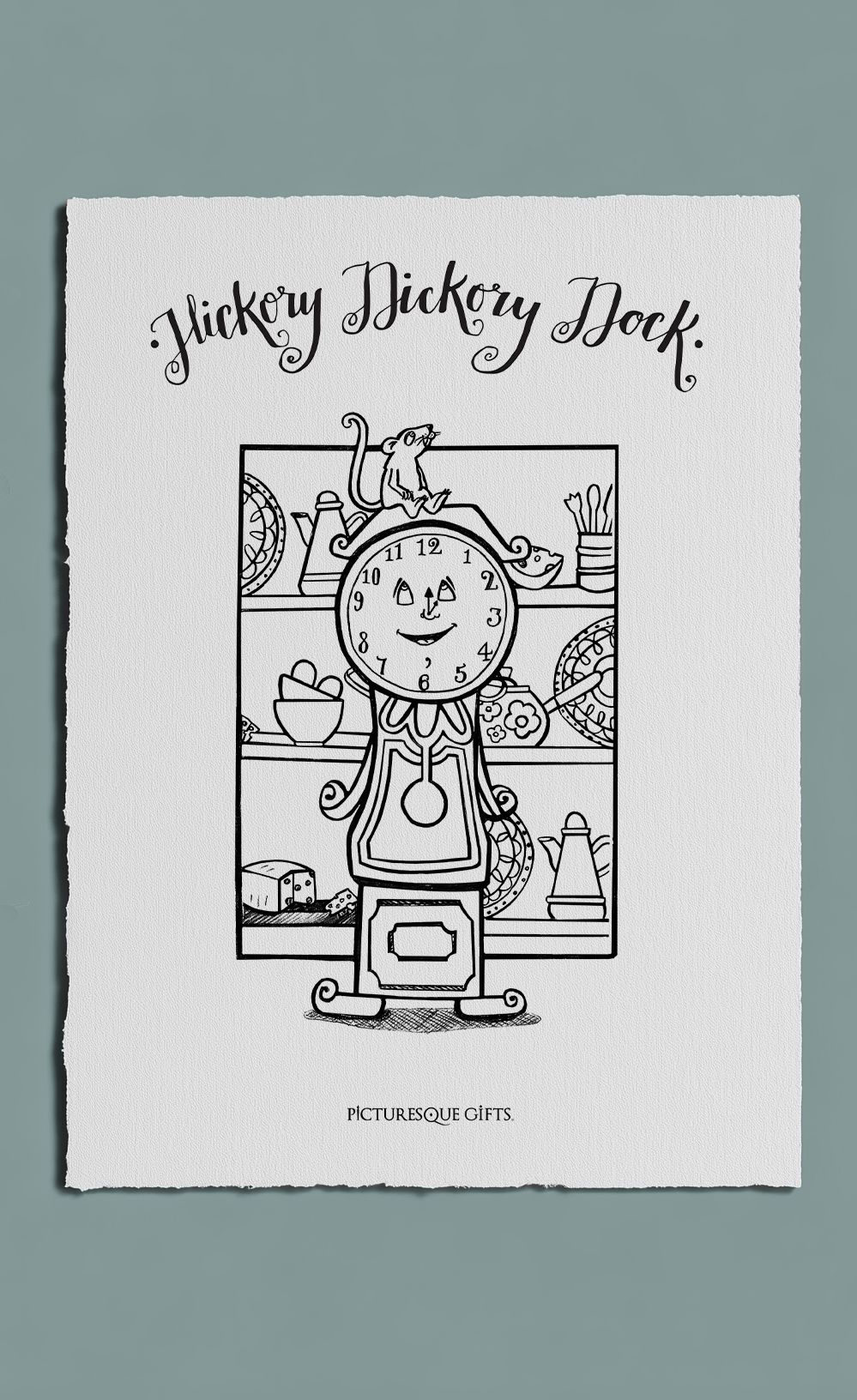 Black and white illustration of a clock with a mouse on top, titled 'Hickey Dickey Dock', on a gray background.