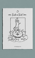 Black and white illustration of a cat on a pumpkin with 'Trick or Treat' text on a gray background.