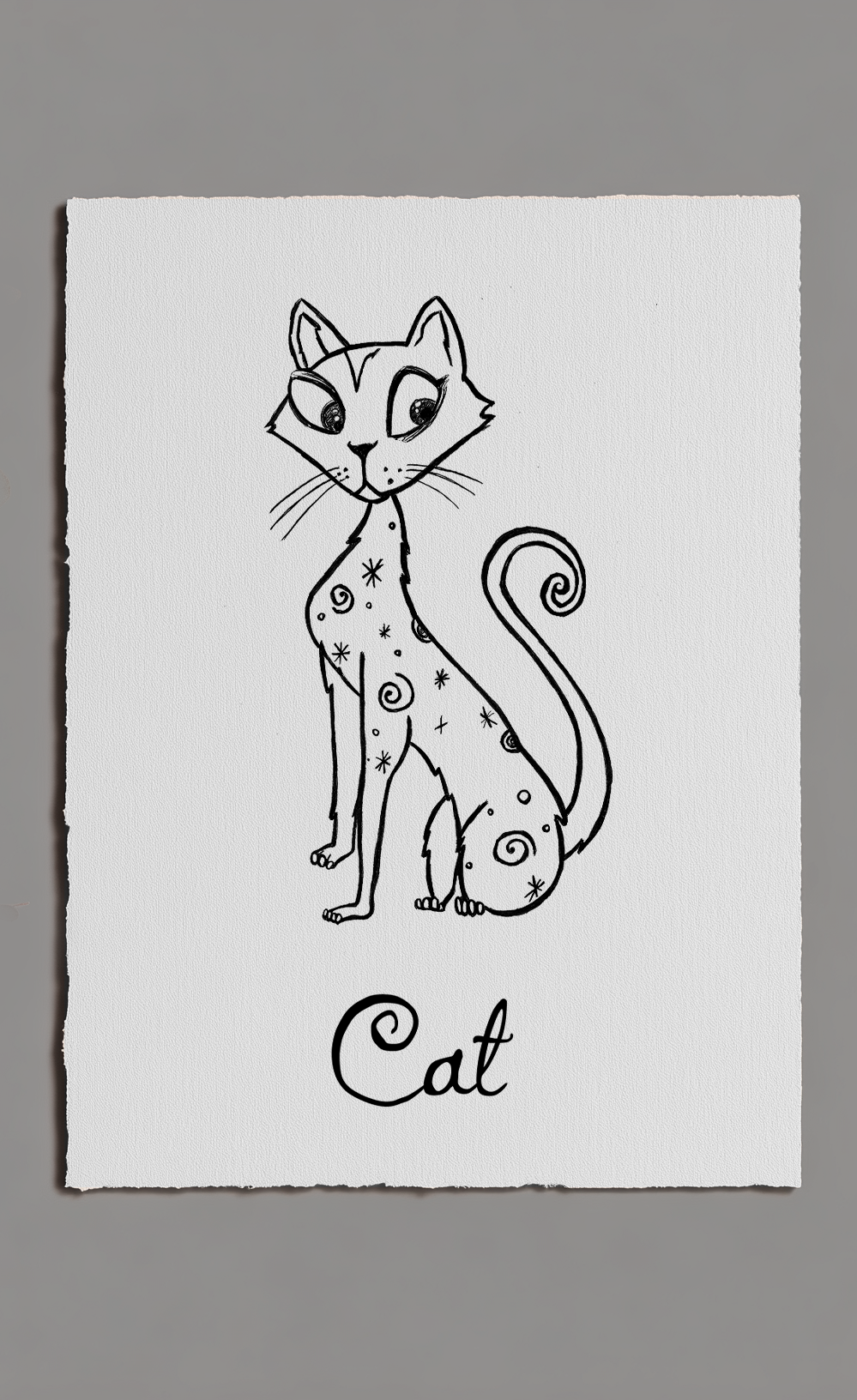 Black and white illustration of a cat on a white background