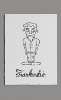 Black and white illustration of a character labeled 'Frankenstein' on a gray background
