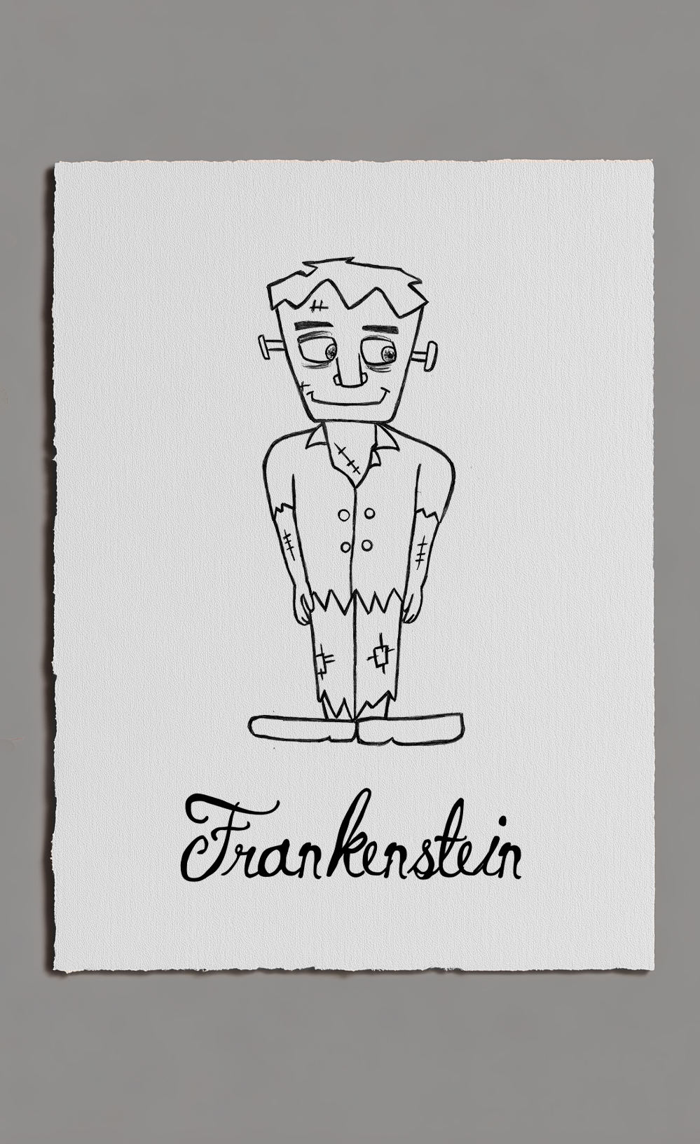 Black and white illustration of a character labeled 'Frankenstein' on a gray background