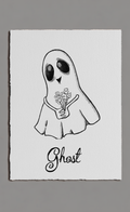 Ghost illustration holding flowers with 'Ghost' text on a gray background