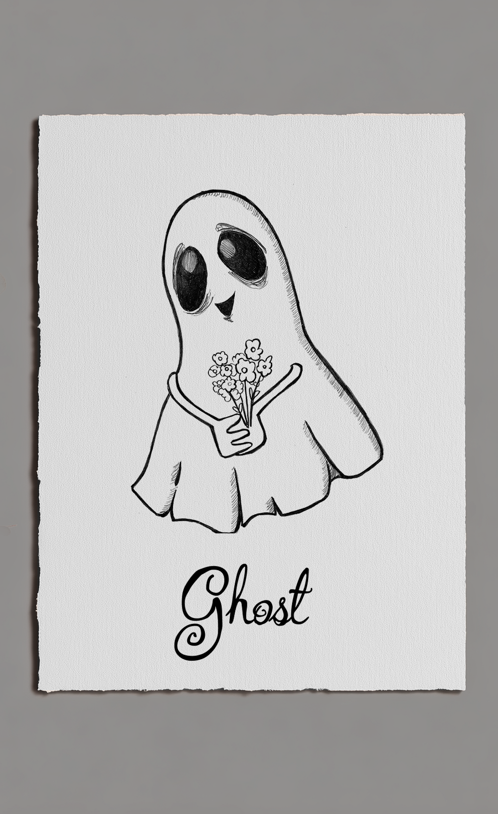 Ghost illustration holding flowers with 'Ghost' text on a gray background