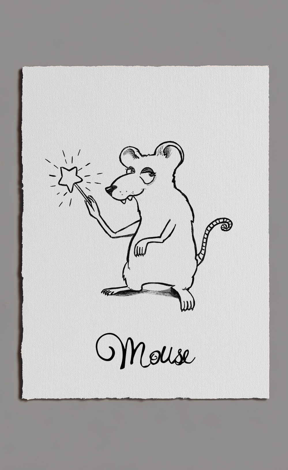 Illustration of a mouse holding a star with 'Mouse' written below on a gray background
