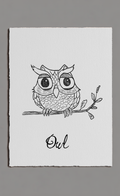 Black and white illustration of an owl on a branch with 'Owl' text, on a gray background.