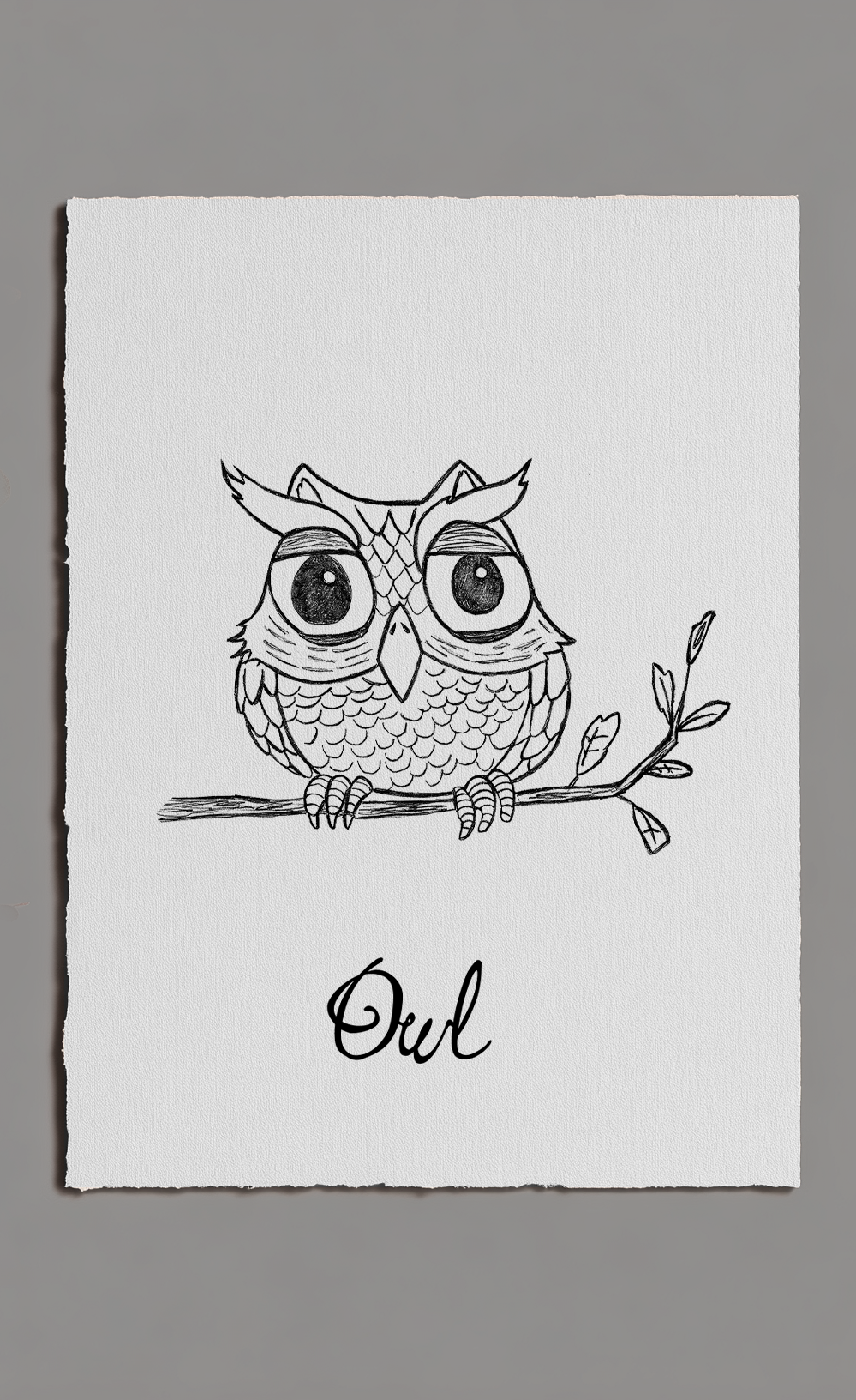 Black and white illustration of an owl on a branch with 'Owl' text, on a gray background.