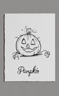 Black and white illustration of a pumpkin with a smiling face on a gray background