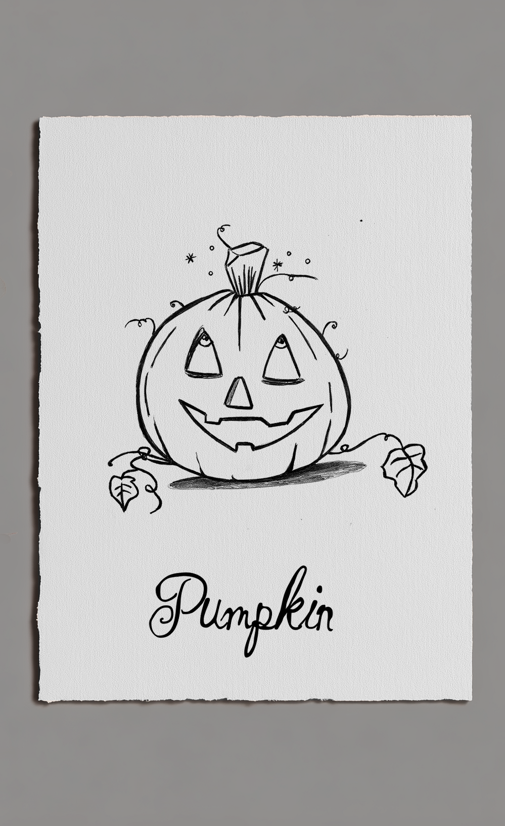Black and white illustration of a pumpkin with a smiling face on a gray background