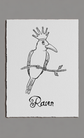 Illustration of a bird with a crown on a branch, labeled 'Raven', on a gray background.