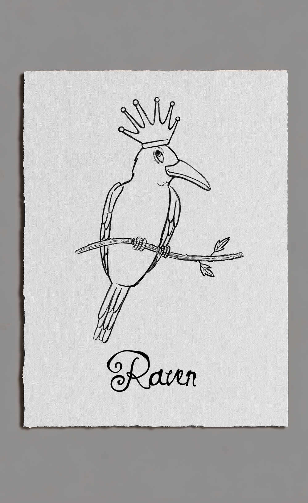 Illustration of a bird with a crown on a branch, labeled 'Raven', on a gray background.