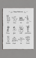 Sheet of Halloween-themed illustrations with text on a gray background