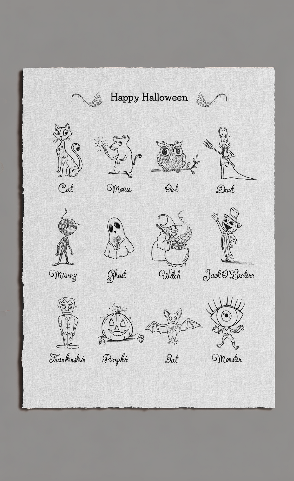Sheet of Halloween-themed illustrations with text on a gray background