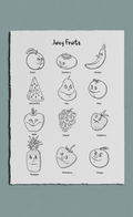 Sheet of paper with illustrations of fruits with faces on a gray background