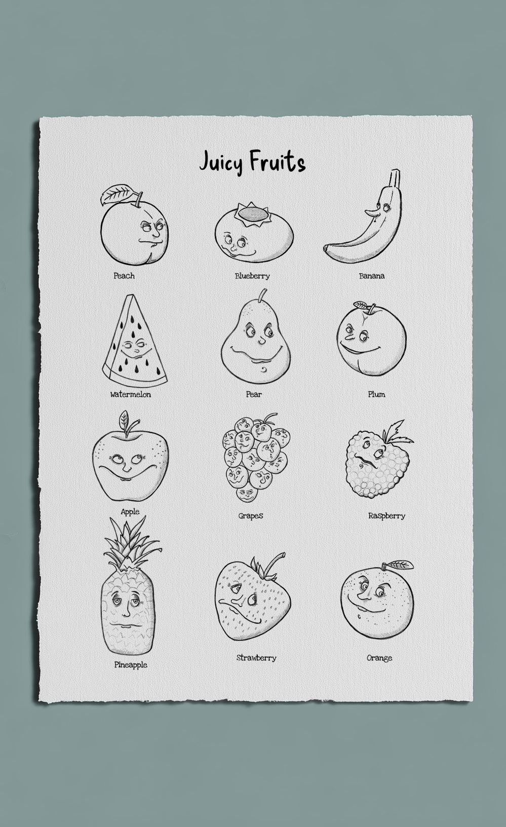 Sheet of paper with illustrations of fruits with faces on a gray background
