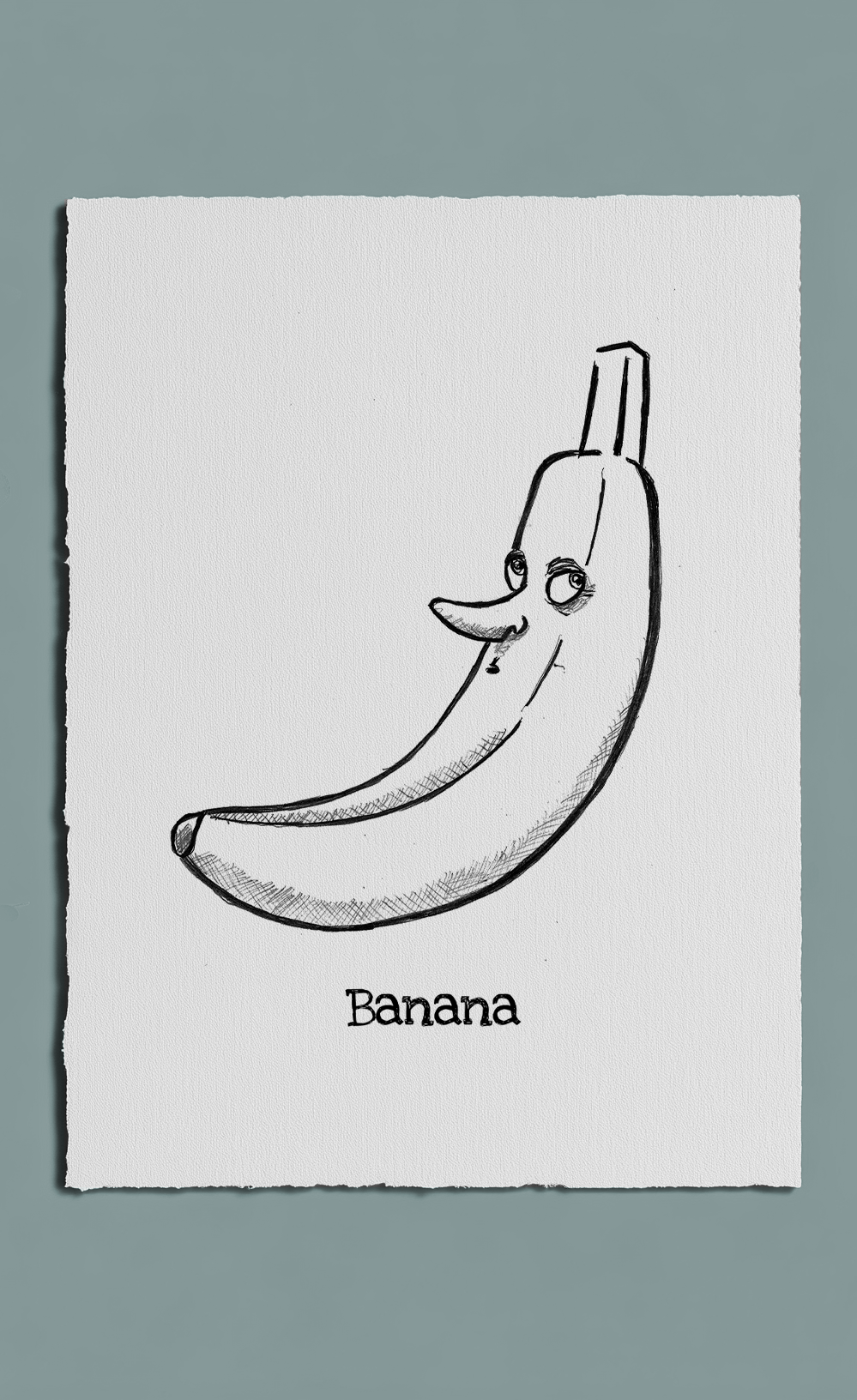 Black and white illustration of a banana with a face on a gray background